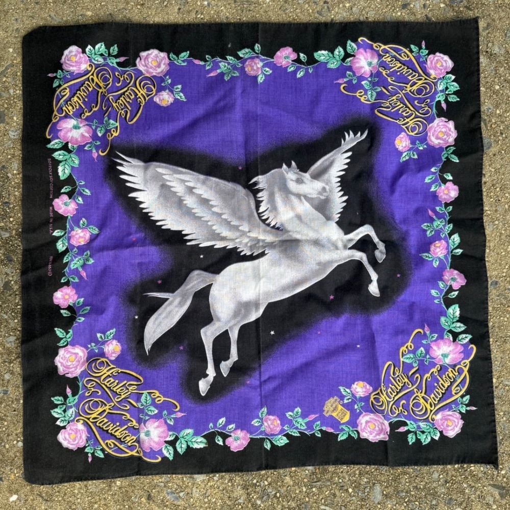 Vintage Harley Davidson Pegasus Bandana Purple Black Rose Made in USA RN16463